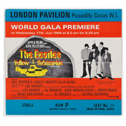 The Beatles A Yellow Submarine Premiere Ticket, 17th June 1968, image 1
