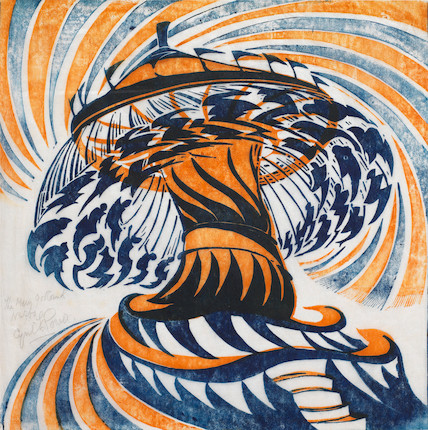 Cyril Edward Power (1872-1951) The Merry-Go-Round Linocut printed in a mixture of Chinese orange and chrome orange and Chinese blue, circa 1930, on buff oriental laid tissue, a very good, richly inked impression, signed and numbered 13/50 in pencil, with wide margins, a tiny paper split at the lower edge of the image, soft creasing at the corners, otherwise in good condition, framedBlock 305 x 304mm. (12 x 12in.); Sheet 398 x 382mm. (15 5/8 x 15 1/8in.) image 1