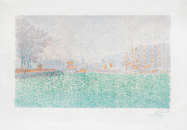 PAUL SIGNAC (1863-1935) A Flessingue Lithograph in colours, 1895, on China paper, the second state (of three), signed in blue pencil, numbered No.1 in black ink from the edition of twenty, with the remarque in green (there was also an edition of forty without the remarque), published by Gustave Pellet, Paris, with his initials in black ink (Lugt 1194) and his stamp in red ink (Lugt 1190), the full sheet, in good condition, framedImage 265 x 405mm. (10 1/2 x 15 7/8in.); Sheet 410 x 533mm. (16 1/8 x 21in.) image 1
