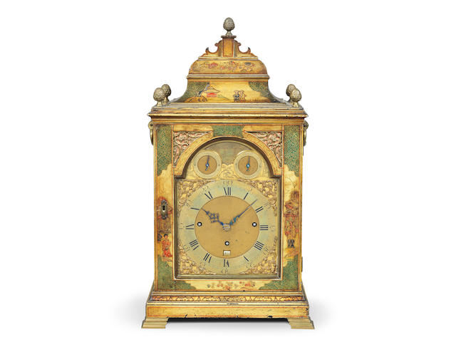 A fine and rare mid 18 century quarter chiming table clock, chinoiserie decorated on a light yellow ochre ground  Eardley Norton, London, numbered 297