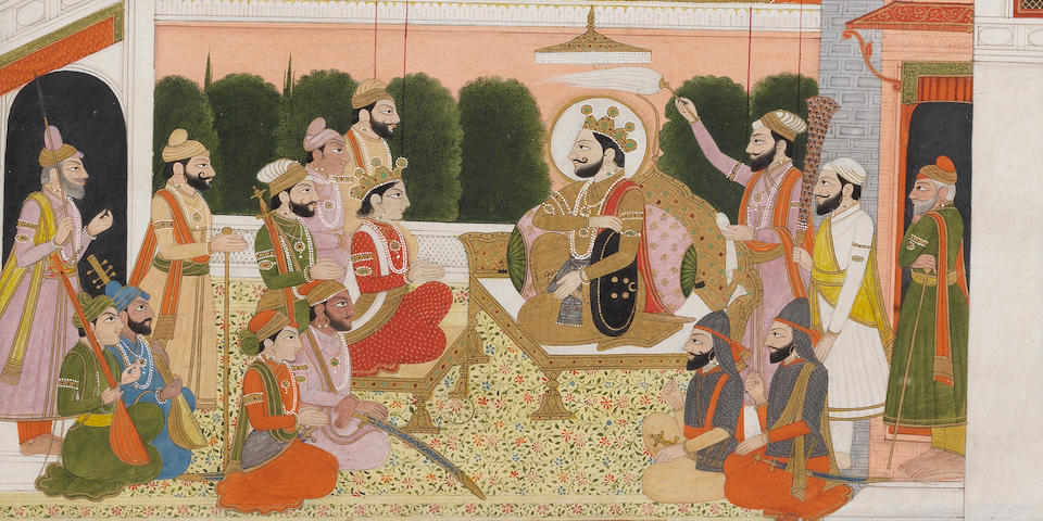 A ruler in durbar on a palace terrace with noblemen, soldiers and attendants, perhaps a Mahabharata scene Pahari, Kangra, circa 1840-50