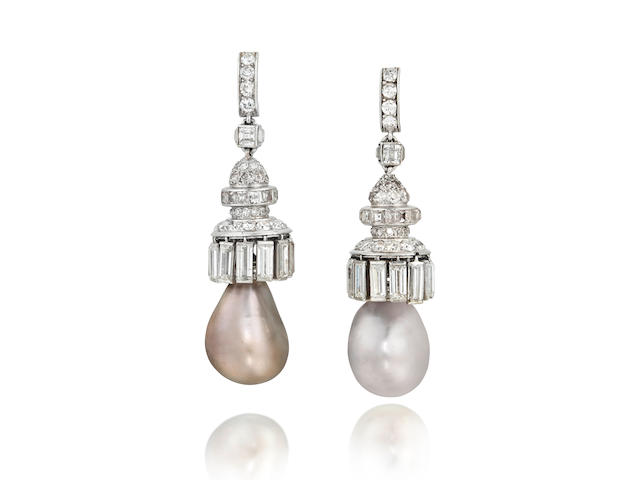 MAUBOUSSIN: PAIR OF NATURAL PEARL AND DIAMOND PENDENT EARRINGS, CIRCA 1930