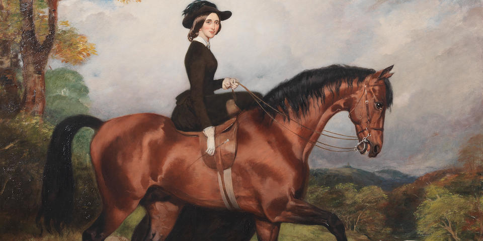 William Osborne, RHA (Irish, 1823-1901) Equestrian portrait of Sarah Conolly, mounted side saddle on a chestnut hunter in a landscape