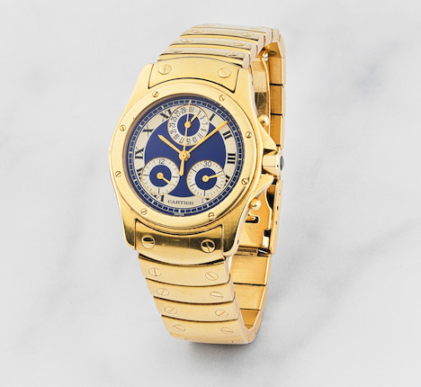 Cartier. Chronographe bracelet de dame en or jaune 18K (750) avec date mouvement quartz Cartier. A lady's 18K gold quartz calendar chronograph bracelet watch   Cougar, Ref 1500/0, Circa 1990 image 1