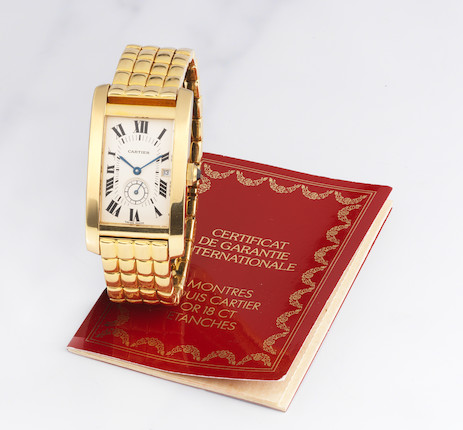 Cartier. Montre bracelet en or jaune 18K (750) avec date mouvement quartz Cartier. An 18K gold quartz calendar bracelet watch   Tank Américaine, Ref 8012905, Purchased 18th February 1992 image 2