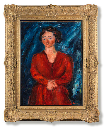 CHAÏM SOUTINE (1893-1943) La femme en rouge au fond bleu (Painted circa 1928) image 3