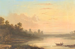 Thumbnail of Edward Train (British, 1801-1866) Dusk at a lakeside with a castle beyond image 1