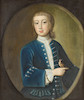 Thumbnail of English School, 18th Century Portrait of a boy, half-length, in a blue coat holding a finch, within a painted oval image 1
