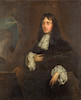 Thumbnail of Circle of Sir Peter Lely (Soest 1618-1680 London) Portrait of a gentleman, three-quarter length, in black costume with a white lace jabot, standing beside a stone bust statue of a woman image 1