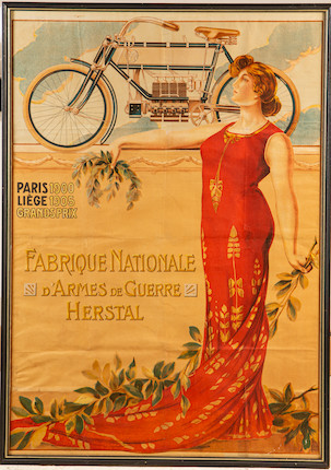 A Fabrique Nationale 4 cylinder motorcycle poster circa 1905, image 1