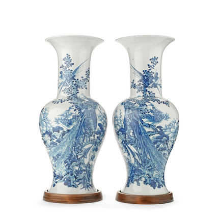 A PAIR OF CHINESE BLUE AND WHITE 'PEACOCK' VASES Late Qing Dynasty image 1