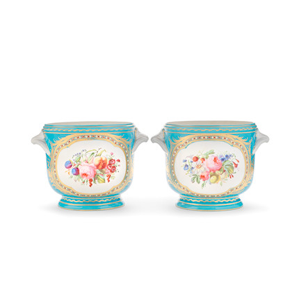 A PAIR OF SEVRES STYLE BLUE-CELESTE GROUND CACHEPOTS image 2