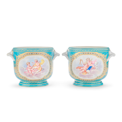 A PAIR OF SEVRES STYLE BLUE-CELESTE GROUND CACHEPOTS image 1