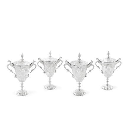 A SET OF FOUR VICTORIAN TWO-HANDLED PRESENTATION CUPS James Dixon & Sons, Sheffield marks 1877, 1878 and 1879 (2)  (4) image 1