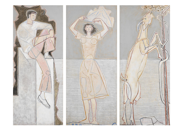 John Craxton R.A. (British, 1922-2009) Summer Triptych 142 x 60.5 cm. (55 7/8 x 23 5/8 in.); 142.3 x 59.7 cm. (56 x 23 1/2 in.); 142.8 x 60.4 cm. (56 1/4 x 23 3/4 in.) (Painted circa 1958) image 1