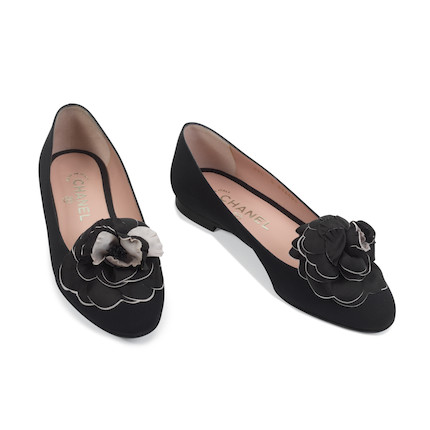 Bonhams : Chanel a Pair of Black Satin Camellia Ballerina Flats (includes  dust bag)