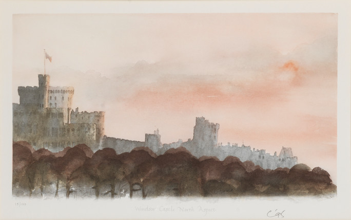 HM King Charles III (British, born 1948) Windsor Castle North Aspect Lithograph in colours, 1991, on Somerset wove paper, signed, titled, dated and numbered 15/100 in pencil (there were also 15 artist's proofs), printed by Curwen Prints Ltd., Chilford, published by Anna Hunter Fine Arts, London, with margins, framed; accompanied by the justification page signed by the publisher, housed within the blue linen-covered portfolioImage 245 x 425mm (9 5/8 x 16 3/4in)(2) image 1