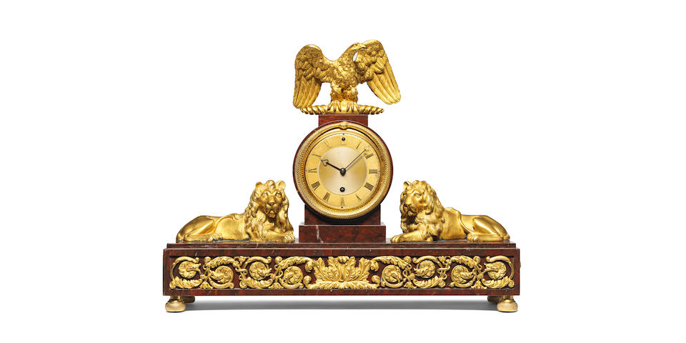 A very fine and rare early 19th century ormolu-mounted red marble mantel timepiece with original numbered pendulum  Vulliamy, London, No. 518