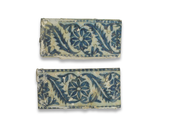 Two Safavid blue and white underglaze-painted pottery border tiles Persia, 17th Century(2) image 1