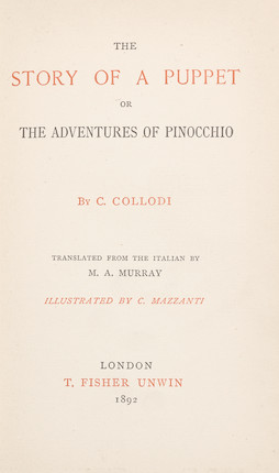 COLLODI (CARLO) The Story of a Puppet, Or, The Adventures of Pinocchio, FIRST EDITION IN ENGLISH, T. Fisher Unwin, 1892 image 2