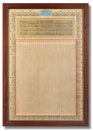 The entire text of the Qur'an on a single printed sheet, with printed illumination in colours and gold Probably North Africa, 20th Century image 1