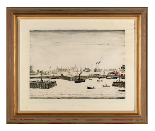 Laurence Stephen Lowry R.A. (British, 1887-1976) The Harbour Offset lithograph in colours, 1972, on wove paper, signed in pencil, ink stamped '377', from the edition of 850, published by Venture Prints Ltd., Bristol, with the Fine Art Trade Guild blindstamp, with margins, framedImage 406 x 569mm (16 x 22in)Sheet 548 x 687mm (21 1/2 x 27in) image 2