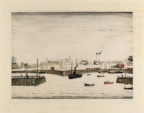 Laurence Stephen Lowry R.A. (British, 1887-1976) The Harbour Offset lithograph in colours, 1972, on wove paper, signed in pencil, ink stamped '377', from the edition of 850, published by Venture Prints Ltd., Bristol, with the Fine Art Trade Guild blindstamp, with margins, framedImage 406 x 569mm (16 x 22in)Sheet 548 x 687mm (21 1/2 x 27in) image 1
