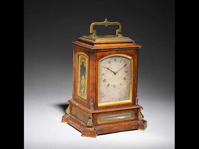 A unique and very fine mid 19th century English gilt-brass mounted walnut giant striking travelling clock with thermometer and original key numbered 838 Attributable to Thomas Cole, London.  Retailed by Thomas Boxell, Brighton