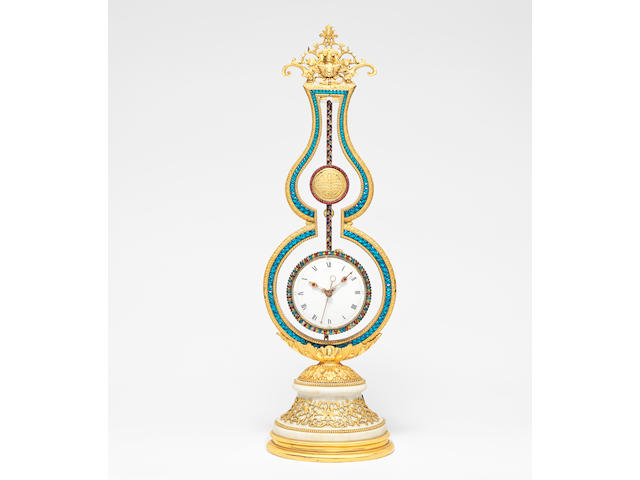 A fine and rare late 18th century Chinese Imperial tribute paste-set ormolu and white marble quarter striking, centre seconds 'Double Gourd' table clock