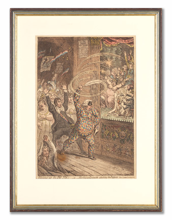 James Gillray (British, 1756-1815) Blowing up the Pic Nic's; -or- Harlequin Quixotte attacking the puppets. Vide Tottenham Street pantomine Etching with aquatint and hand-colouring, 2nd April 1802, on wove paper, published by Hannah Humphrey, London, with narrow margins, framedPlate 350 x 252mm (13 3/4 x 9 7/8in)Sheet 352 x 270mm (13 7/8 x 10 5/8in) image 2