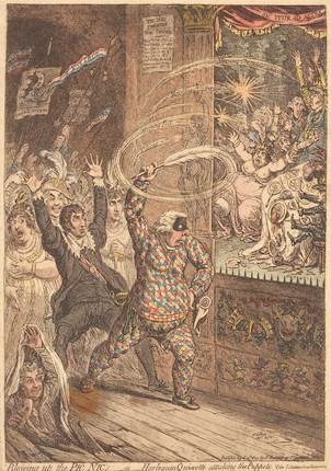 James Gillray (British, 1756-1815) Blowing up the Pic Nic's; -or- Harlequin Quixotte attacking the puppets. Vide Tottenham Street pantomine Etching with aquatint and hand-colouring, 2nd April 1802, on wove paper, published by Hannah Humphrey, London, with narrow margins, framedPlate 350 x 252mm (13 3/4 x 9 7/8in)Sheet 352 x 270mm (13 7/8 x 10 5/8in) image 1
