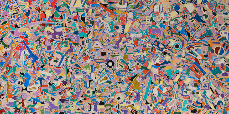ALIGHIERO BOETTI (1940-1994) Tutto 1988-1989 signed, titled, inscribed Peshawar and dated 88-89 on the overlapembroidery on canvas92 by 140.5 cm.36 1/4 by 55 5/16 in.