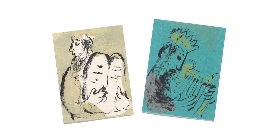 Marc Chagall (Russian/French, 1887-1985) Two Invitation Cards Two lithographs in colours, 1967 and 1977, on Arches wove paper, from the editions of 6,000 and 5,000, respectively, one published for the opening of the exhibition 'Le Message Biblique de Marc Chagall' at Mus&#233;e du Louvre in Paris on 22 June 1967, one published for the opening of the exhibition 'Marc Chagall Peintures bibliques r&#233;centes 1966-1976' at the Mus&#233;e National message Biblique Marc Chagall in Nice on 9 July 1977, each the full sheets, folded (as issued)Image 139 x 107mm (5 1/2 x 4 1/4in)(and smaller)(2)