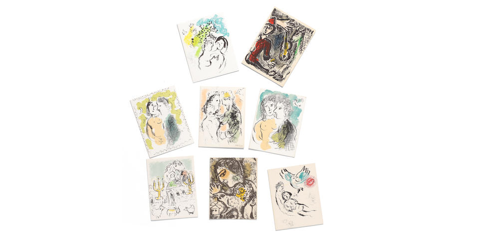 Marc Chagall (Russian/French, 1887-1985) Eight Greeting Cards Eight lithographs in colours, 1969-1980, on Arches wove paper, from editions of varying sizes, one numbered 136/450 in pencil, the full sheets, folded (as issued)Sheet 150 x 110mm (5 7/8 x 4 1/4in)(and smaller)(8)