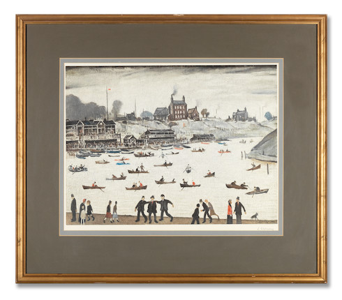 Laurence Stephen Lowry R.A. (British, 1887-1976) Crime Lake Offset lithograph in colours, 1972, on wove paper, signed in pencil, ink stamped '274', from the edition of 500, printed by Max Jaffe, Vienna, published by the Adam Collection Ltd., with the Fine Art Trade Guild blindstamp, with margins, framedImage 458 x 608mm (18 x 24in)Sheet 578 x 708mm (22 1/2 x 27 7/8in) image 3