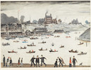 Thumbnail of Laurence Stephen Lowry R.A. (British, 1887-1976) Crime Lake Offset lithograph in colours, 1972, on wove paper, signed in pencil, ink stamped '274', from the edition of 500, printed by Max Jaffe, Vienna, published by the Adam Collection Ltd., with the Fine Art Trade Guild blindstamp, with margins, framedImage 458 x 608mm (18 x 24in)Sheet 578 x 708mm (22 1/2 x 27 7/8in) image 1