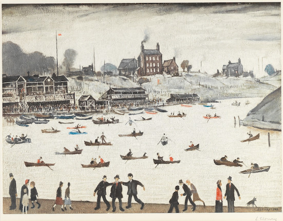Laurence Stephen Lowry R.A. (British, 1887-1976) Crime Lake Offset lithograph in colours, 1972, on wove paper, signed in pencil, ink stamped '274', from the edition of 500, printed by Max Jaffe, Vienna, published by the Adam Collection Ltd., with the Fine Art Trade Guild blindstamp, with margins, framedImage 458 x 608mm (18 x 24in)Sheet 578 x 708mm (22 1/2 x 27 7/8in) image 1