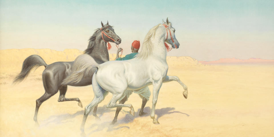 John Alexander Harrington Bird (British, 1846-1936) Arabian horses in the desert; Arab stallions at sunset the first 50.8 x 73.6cm (20 x 29in) the second 54.6 x 76.8cm (21 1/2 x 30 1/4in). (2)