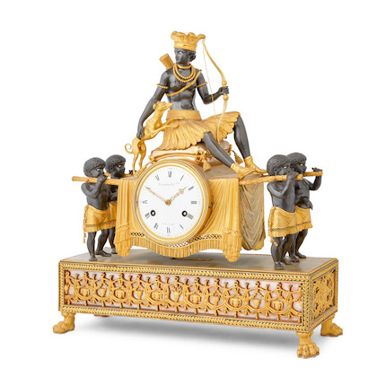 A very fine and impressive late 18th century French gilt and patinated bronze mantel clock  Deverberie & Comp.  Invet. Fecit, Paris.  The Huntress image 6