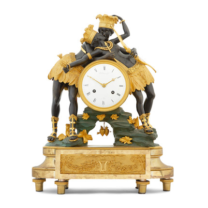 A fine early 19th century French gilt and patinated bronze mantel clock depicting a pair of lovers De Verberie & Company, Paris image 1