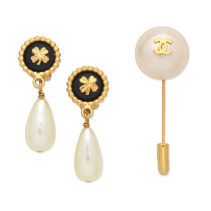 Bonhams : Chanel a Pair of Simulated Clip Earrings and a Pin Brooch 1970s  (includes dust bag and box)