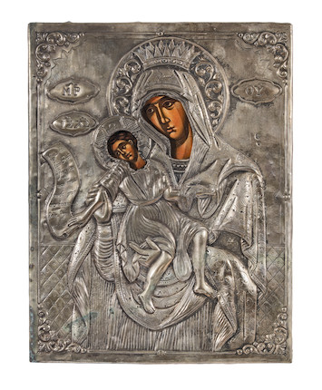 Two icons of the Madonna and Child 20th century One with white metal repoussé decoration and painted faces, indistinctly hallmarked, 35 x 26cm (13 3/4 x 10 1/4in), the second icon painted  on panel in the Russian style, 50 x 34cm (19 11/16 x 13 3/8in) (2) image 1
