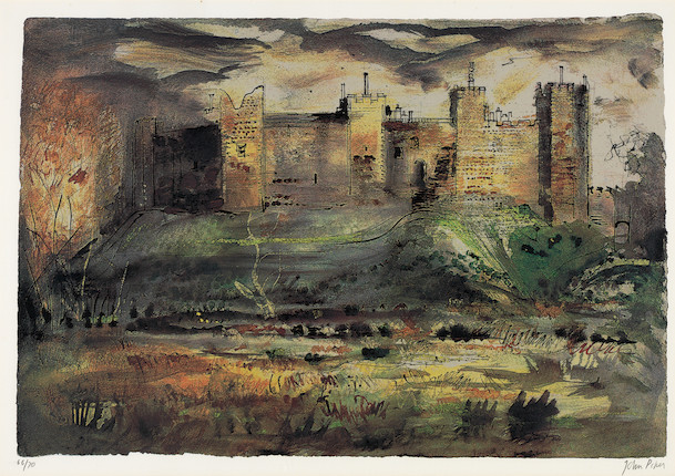 John Piper C.H. (British, 1903-1992) Framlingham Castle	  Screenprint in colours, 1971, on J. Green mould-made paper, signed and numbered 66/70 in pencil (there were also ten artist's proofs), printed by Kelpra Studio, with their ink stamp verso, published by Marlborough Fine Art, London, with full margins, framedImage 484 x 703mm (19 x 27 3/4in)Sheet 600 x 845mm (23 5/8 x 33 1/4in) image 1