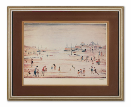 Laurence Stephen Lowry R.A. (British, 1887-1976) On The Sands Offset lithograph in colours, on wove paper, signed and numbered 141/500 in pencil, printed by Chorley Pickersgill Ltd., Leeds, with full margins, framedImage 380 x 570mm (14 7/8 x 22 1/2in)Sheet 507 x 628mm (20 x 24 3/4in) image 2