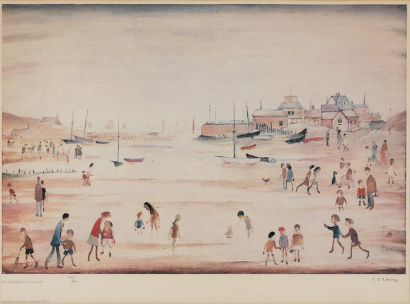 Laurence Stephen Lowry R.A. (British, 1887-1976) On The Sands Offset lithograph in colours, on wove paper, signed and numbered 141/500 in pencil, printed by Chorley Pickersgill Ltd., Leeds, with full margins, framedImage 380 x 570mm (14 7/8 x 22 1/2in)Sheet 507 x 628mm (20 x 24 3/4in) image 1