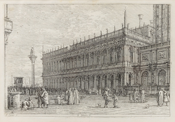Antonio Canal, known as il Canaletto (Italian, 1697-1768) La Libreria. V. Etching, circa 1740, on laid paper, with a partial three-crescent watermark, Bromberg's second state of three, with trimmed margins, framedPlate 144 x 208mm (5 3/4 x 8 1/4in)Sheet 177 x 257mm (6 7/8 x 10 1/8in) image 1