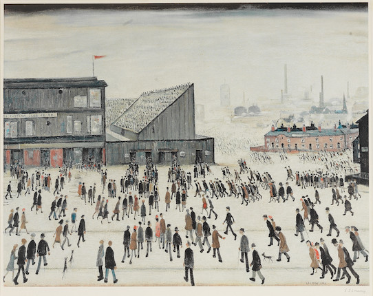 Laurence Stephen Lowry R.A. (British, 1887-1976) Going to the Match Offset lithograph in colours, 1972, on wove paper, signed in pencil, from the edition of 300, printed by Max Jaffe, Vienna, published by the Medici Society, London, with the Fine Art Trade Guild blindstamp, with full margins, framedImage 531 x 686mm (20 7/8 x 27in)Sheet 643 x 785mm (25 1/4 x 30 7/8in) image 1