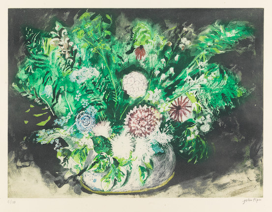 John Piper C.H. (British, 1903-1992) Dahlias and Ferns Etching in colours, 1987, on Arches wove paper, signed and numbered 6/100 in pencil (there were also ten artist's proofs), printed by Kelpra Studio, with their blindstamp, published by CCA Galleries, London, with full margins, framedPlate 407 x 550mm (16 x 21 3/4in)Sheet 585 x 710mm (23 x 28in) image 1