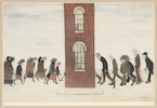 Thumbnail of Laurence Stephen Lowry R.A. (British, 1887-1976) Meeting Point Offset lithograph in colours, 1973, on wove paper, signed in pencil, stamp-numbered '158' in black ink, from the edition of 850, printed by Chorley & Pickersgill Ltd., Leeds, published by the Adam Collection Ltd., with the Fine Art Trade Guild blindstamp, with margins, framedImage 470 x 711mm (18 1/2 x 28in)Sheet 618 x 820mm (24 3/8 x 32 1/4in) image 1