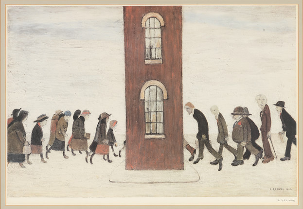 Laurence Stephen Lowry R.A. (British, 1887-1976) Meeting Point Offset lithograph in colours, 1973, on wove paper, signed in pencil, stamp-numbered '158' in black ink, from the edition of 850, printed by Chorley & Pickersgill Ltd., Leeds, published by the Adam Collection Ltd., with the Fine Art Trade Guild blindstamp, with margins, framedImage 470 x 711mm (18 1/2 x 28in)Sheet 618 x 820mm (24 3/8 x 32 1/4in) image 1